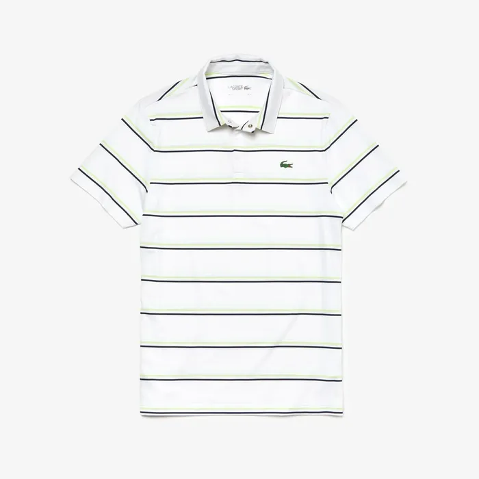 Polos Lacoste Mens SPORT Striped Breathable Jersey Golf Polo WhiteNavy BlueFlashy Yellow Online Outlet Store