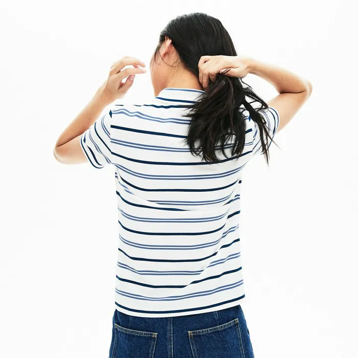 Polos Lacoste Womens Slim Fit Striped Stretch Piqu Polo Shirt WhiteBlueNavy Blue Gift Ideas