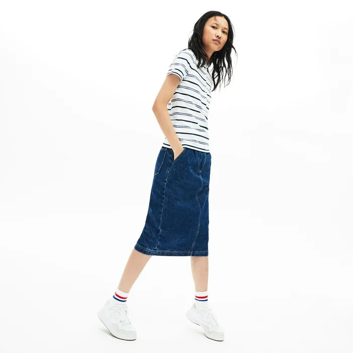 Polos Lacoste Womens Slim Fit Striped Stretch Piqu Polo Shirt WhiteBlueNavy Blue Gift Ideas