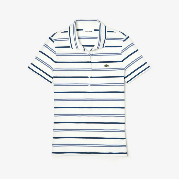 Polos Lacoste Womens Slim Fit Striped Stretch Piqu Polo Shirt WhiteBlueNavy Blue Gift Ideas