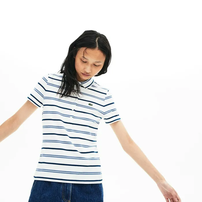 Polos Lacoste Womens Slim Fit Striped Stretch Piqu Polo Shirt WhiteBlueNavy Blue Gift Ideas