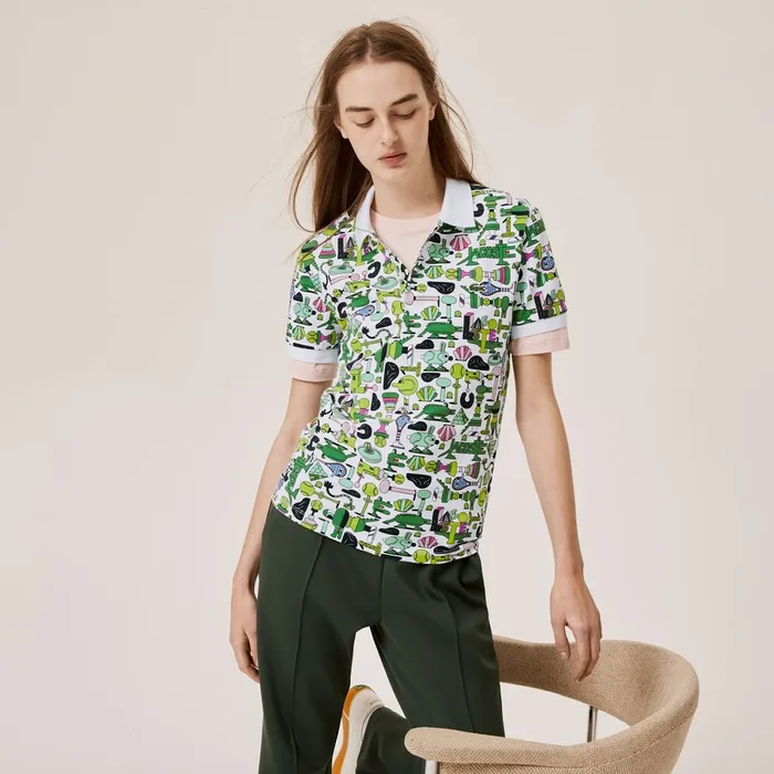 Polos Lacoste Womens Unisex x Jeremyville Print Regular Fit Piqu Polo Shirt White Online Store