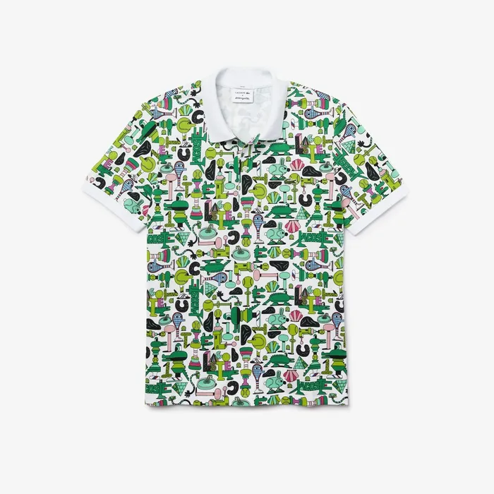 Polos Lacoste Womens Unisex x Jeremyville Print Regular Fit Piqu Polo Shirt White Online Store