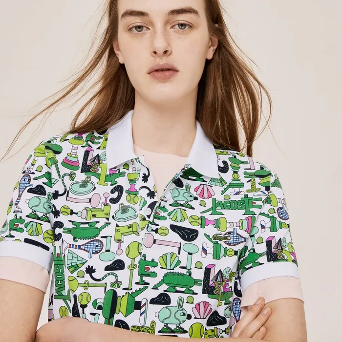 Polos Lacoste Womens Unisex x Jeremyville Print Regular Fit Piqu Polo Shirt White Online Store