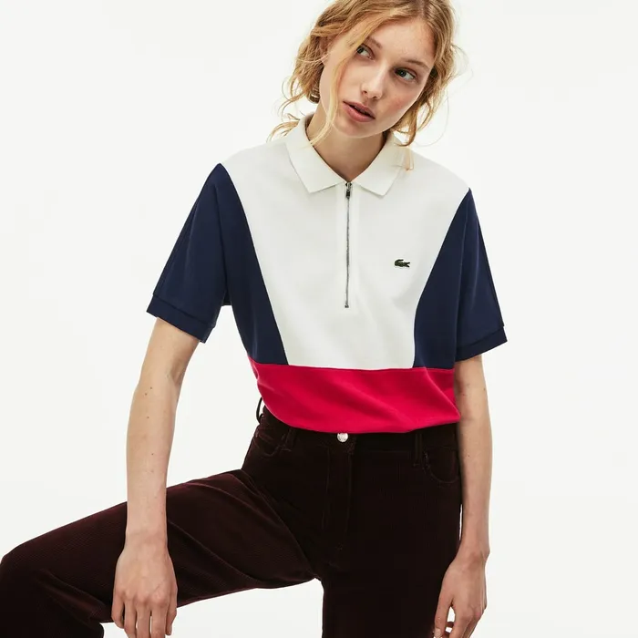 Polos Lacoste Womens Zip Neck Colorblock Terrycloth Piqu Polo WhiteNavy BlueRed Casaul Polos Lacoste Womens Zip Neck Colorblock Terrycloth Piqu Polo WhiteNavy BlueRed Casaul