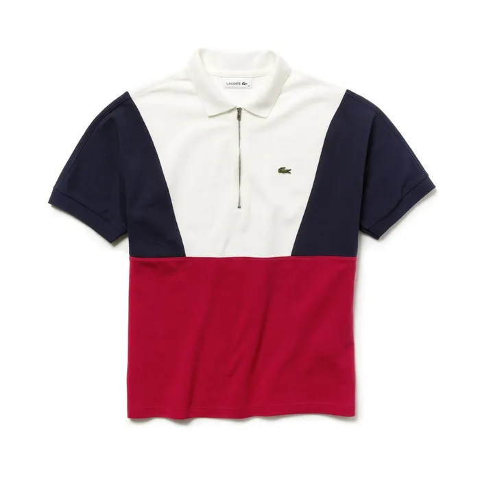 Polos Lacoste Womens Zip Neck Colorblock Terrycloth Piqu Polo WhiteNavy BlueRed Casaul