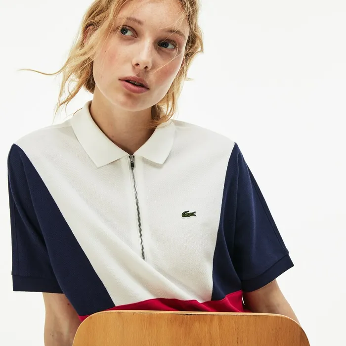 Polos Lacoste Womens Zip Neck Colorblock Terrycloth Piqu Polo WhiteNavy BlueRed Casaul