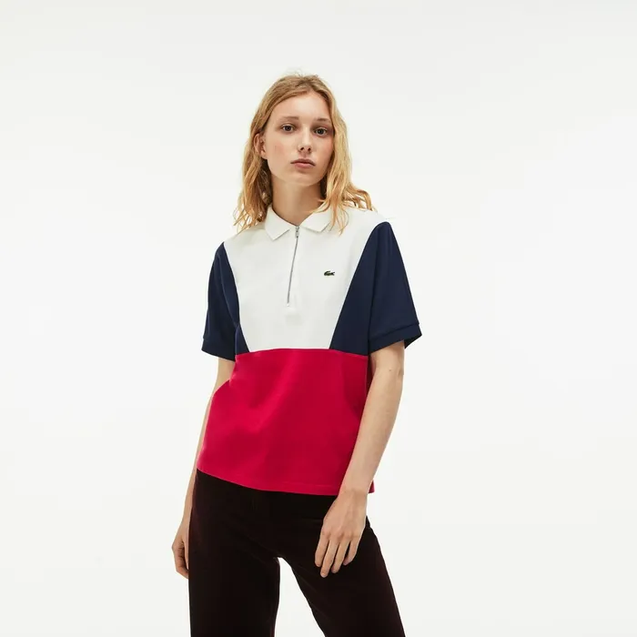 Polos Lacoste Womens Zip Neck Colorblock Terrycloth Piqu Polo WhiteNavy BlueRed Casaul