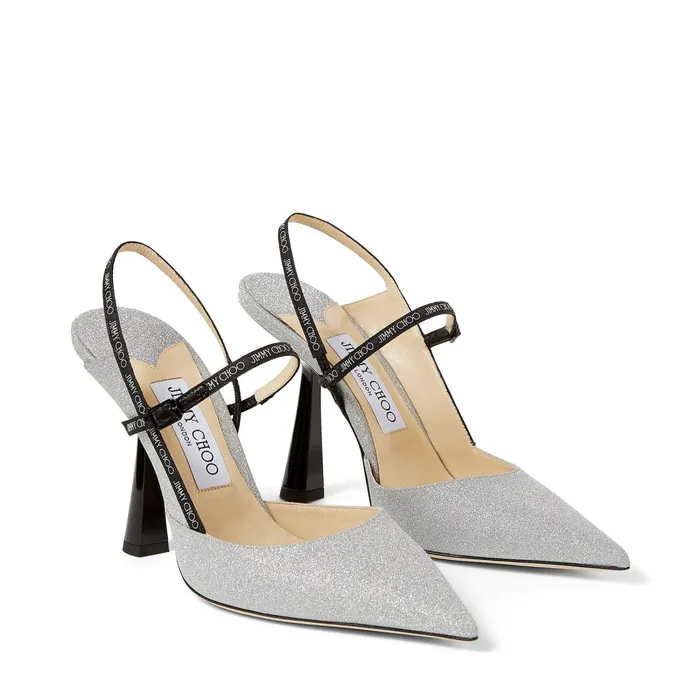 Ray 100 Silver Fine Glitter Fabric Pointed Pumps With LogoWoven Ribbon Silver Women JIMMY CHOO Pumps