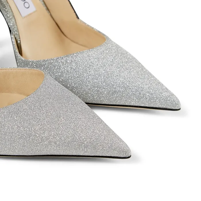 Ray 100 Silver Fine Glitter Fabric Pointed Pumps With LogoWoven Ribbon Silver Women JIMMY CHOO Pumps