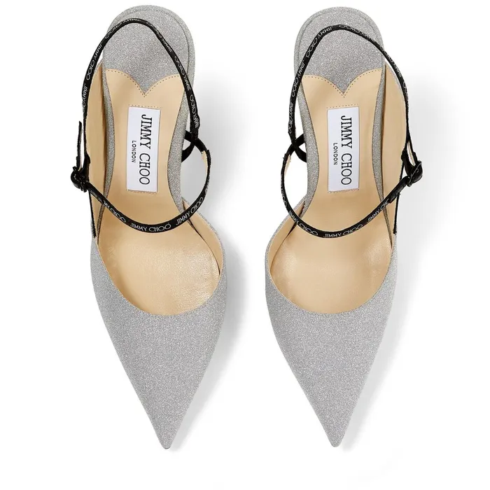 Ray 100 Silver Fine Glitter Fabric Pointed Pumps With LogoWoven Ribbon Silver Women JIMMY CHOO Pumps