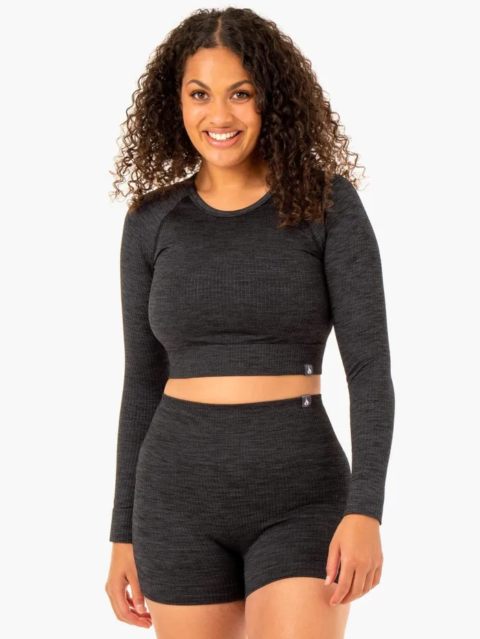 Rib Seamless Long Sleeve Top 8211 Black Marl Women Ryderwear Tops
