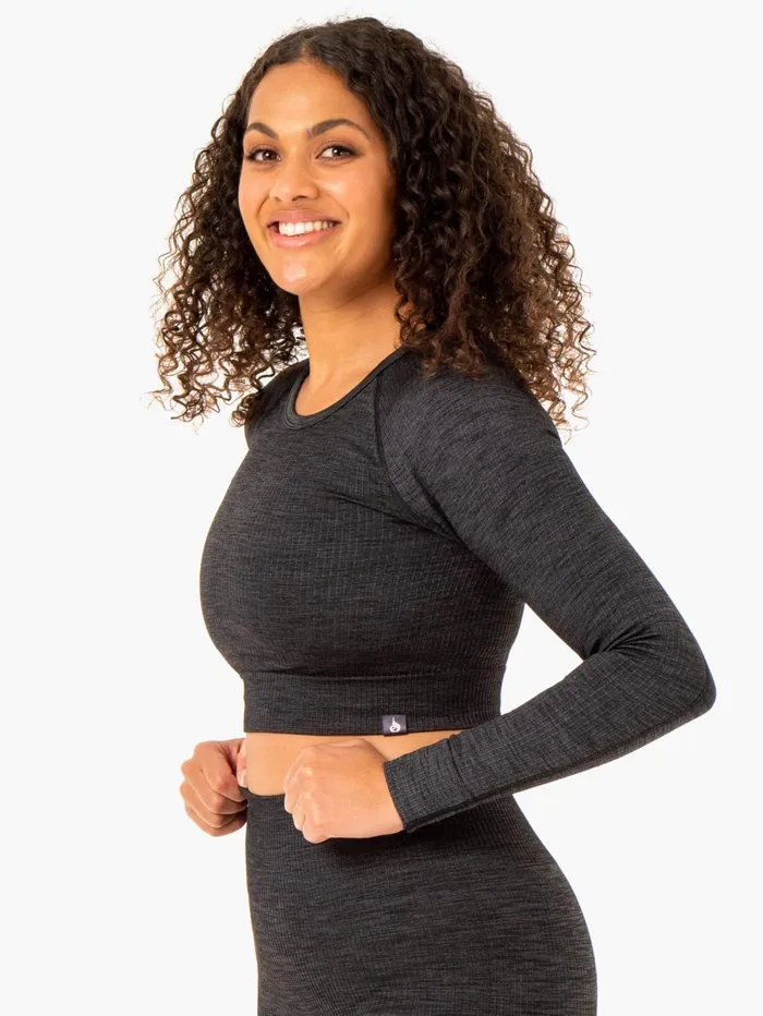 Rib Seamless Long Sleeve Top 8211 Black Marl Women Ryderwear Tops