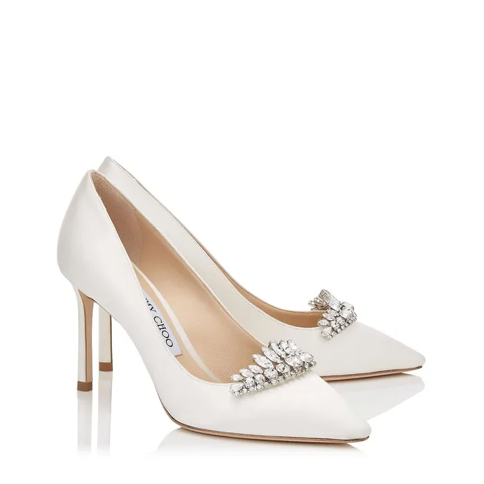 Romy 85 Ivory Satin Pointy Toe Pumps With Crystal Tiara Ivorycrystal Women JIMMY CHOO Bridal Shoes