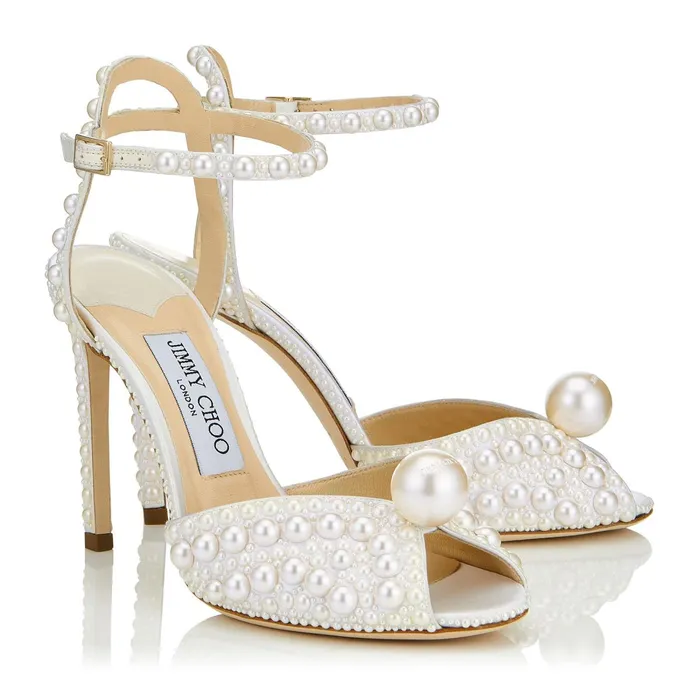 Sacora 100 White Satin Sandals With All Over Pearls Whitewhite Women JIMMY CHOO Sandals