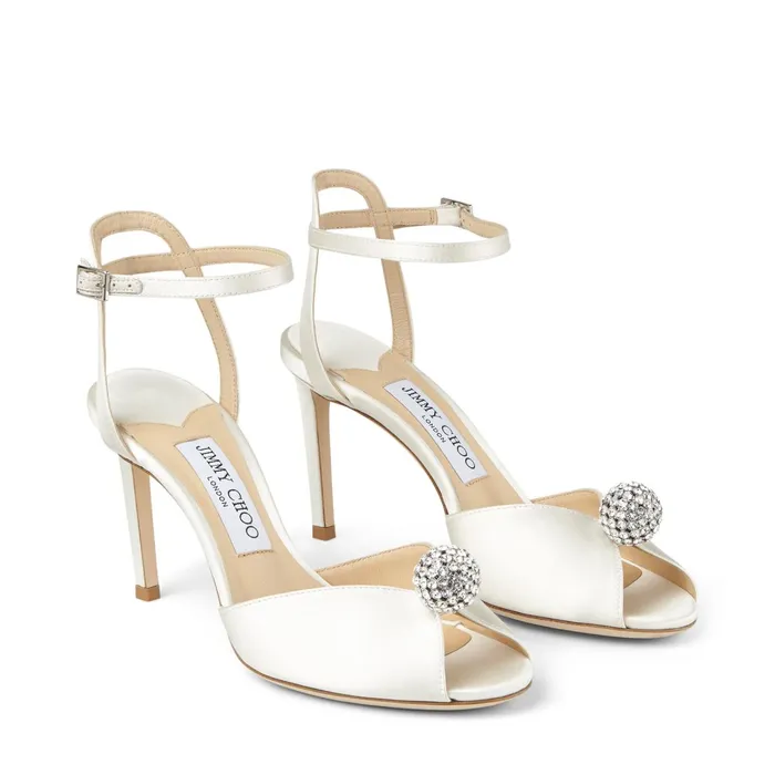 Sacora 85 Ivory Satin Sandals With CrystalEmbellished Pearl Ivorycrystal Women JIMMY CHOO Bridal Shoes