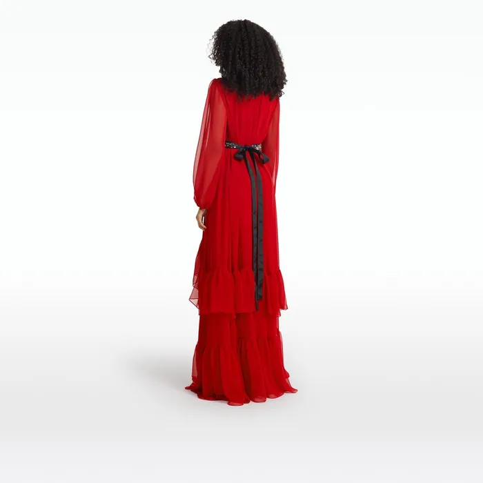 Safiyaa Affiyah Lacquer Red Long Dress With Embroidered Belt Women Dresses