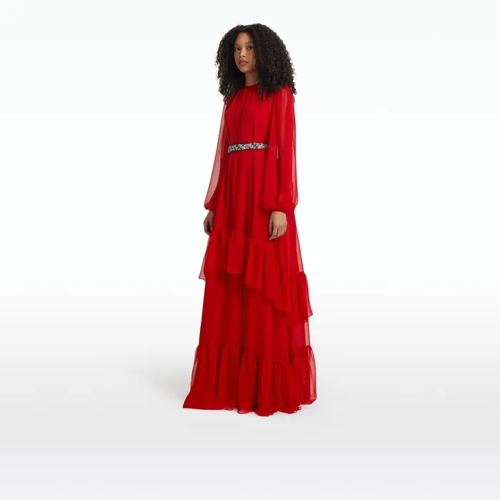 Safiyaa Affiyah Lacquer Red Long Dress With Embroidered Belt Women Dresses