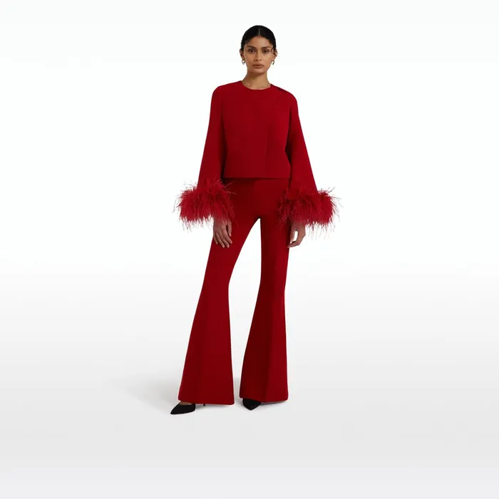 Safiyaa Amal Azalea Red FeatherTrimmed Jacket Women Jackets Coats