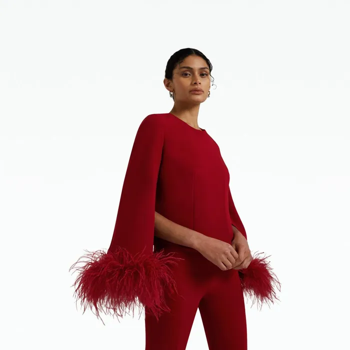 Safiyaa Amal Azalea Red FeatherTrimmed Jacket Women Jackets Coats