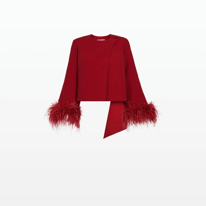 Safiyaa Amal Azalea Red FeatherTrimmed Jacket Women Jackets Coats
