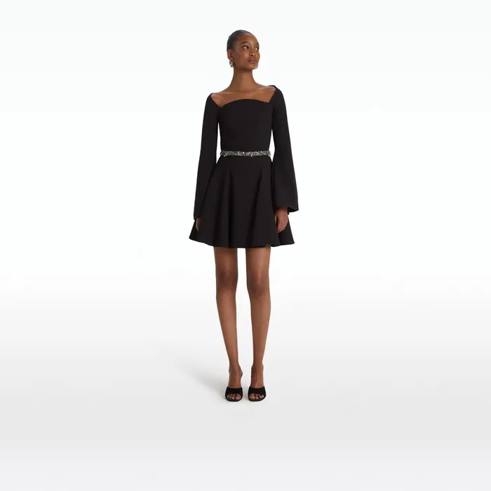 Safiyaa Aubrene Black Short Dress With Embroidered Belt Women Dresses