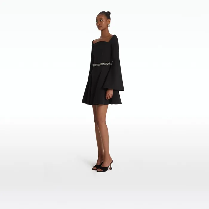 Safiyaa Aubrene Black Short Dress With Embroidered Belt Women Dresses