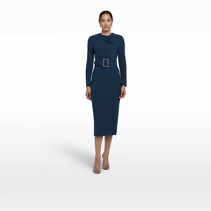 Safiyaa Brunna Ink Blue Midi Dress With Embroidered Belt Women Dresses