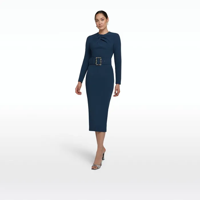 Safiyaa Brunna Ink Blue Midi Dress With Embroidered Belt Women Dresses