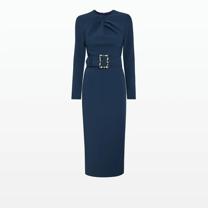 Safiyaa Brunna Ink Blue Midi Dress With Embroidered Belt Women Dresses