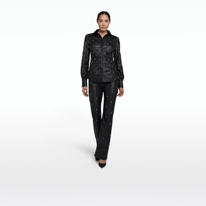 Safiyaa Ellie Black Vegan Leather Embroidered Top Women Tops