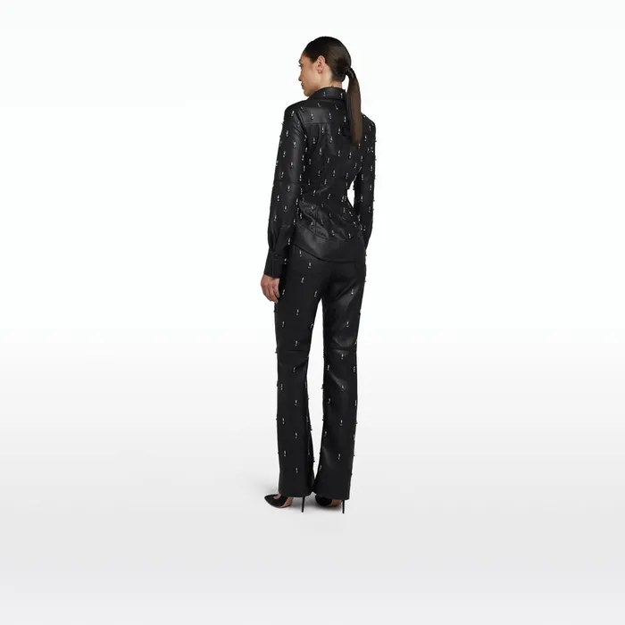 Safiyaa Ellie Black Vegan Leather Embroidered Top Women Tops
