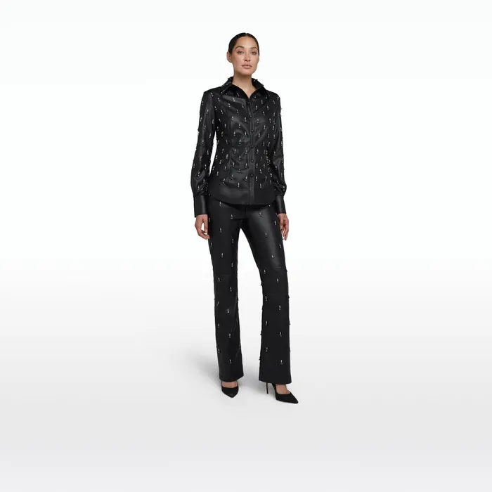 Safiyaa Ellie Black Vegan Leather Embroidered Top Women Tops