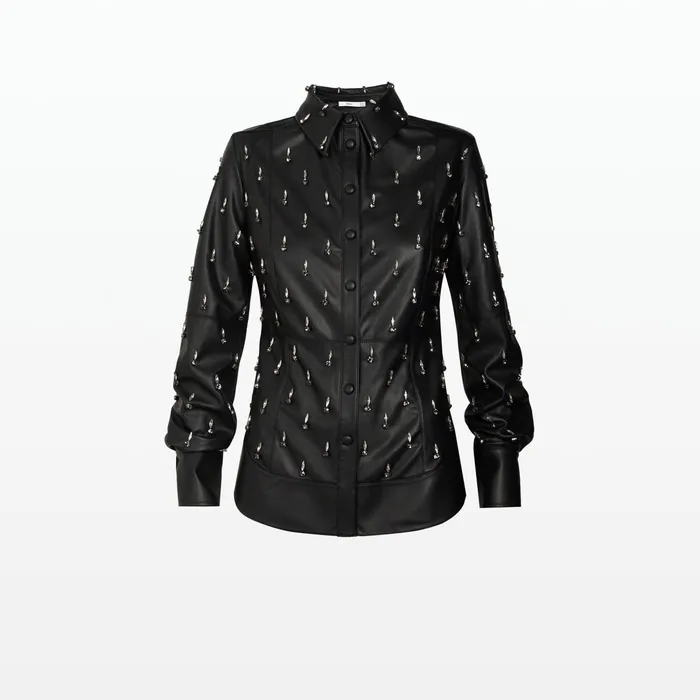 Safiyaa Ellie Black Vegan Leather Embroidered Top Women Tops