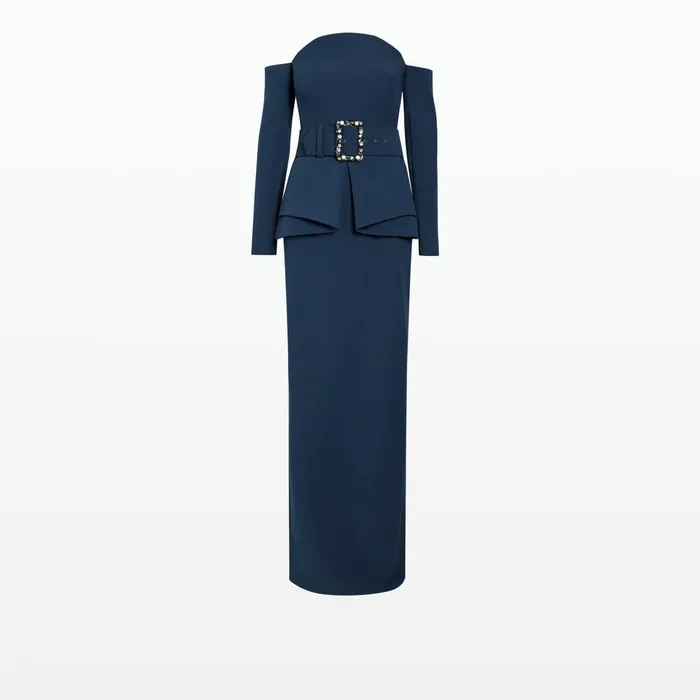 Safiyaa Giuliana Ink Blue Long Dress With Belt Women Dresses