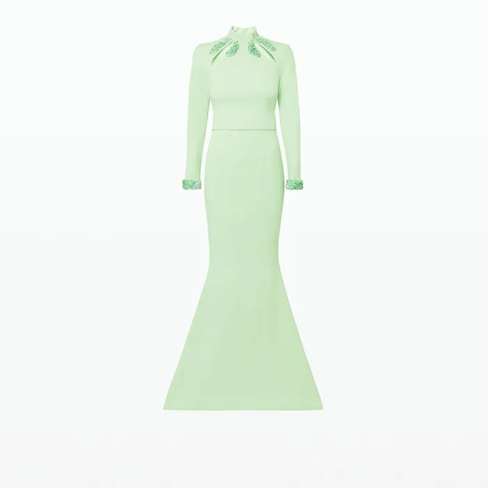 Safiyaa Kamala Aloe and Curled Leaf Embroidery Long Dress Women Dresses