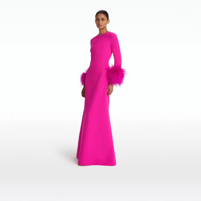 Safiyaa Renalla Wild Strawberry FeatherTrimmed Long Dress Women Dresses