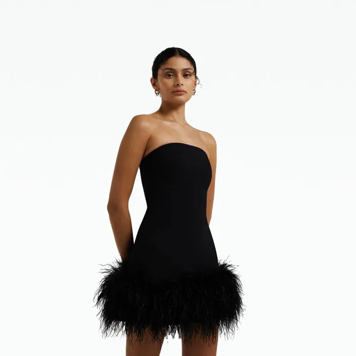 Safiyaa Rowan Black FeatherTrimmed Short Dress Women Dresses