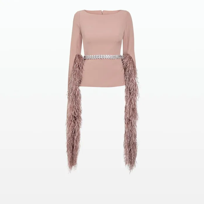 Safiyaa Tavia Dusty Pink FeatherTrimmed Top Women Tops