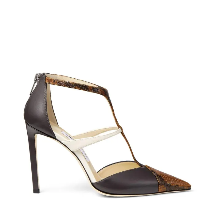 Saoni 100 Cuoio Snake Printed Leather Dusk Calf Leather And Latte Nappa Leather Pumps With T Strap Cuoiodusklatte Women JIMMY CHOO Pumps