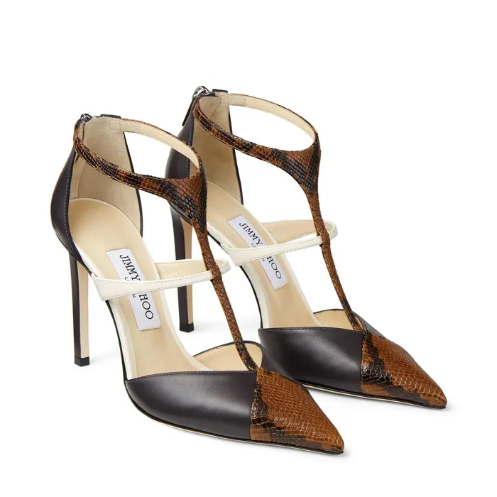 Saoni 100 Cuoio Snake Printed Leather Dusk Calf Leather And Latte Nappa Leather Pumps With T Strap Cuoiodusklatte Women JIMMY CHOO Pumps