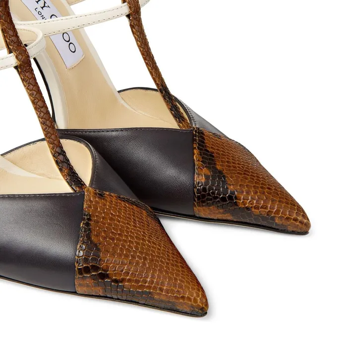 Saoni 100 Cuoio Snake Printed Leather Dusk Calf Leather And Latte Nappa Leather Pumps With T Strap Cuoiodusklatte Women JIMMY CHOO Pumps