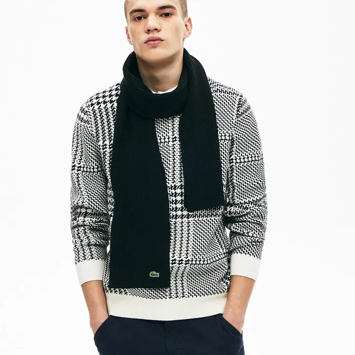 Scarves Lacoste Mens Ribbed Wool Scarf Black On Sale
