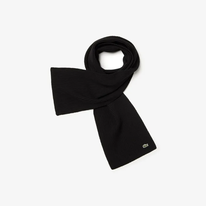 Scarves Lacoste Mens Ribbed Wool Scarf Black On Sale