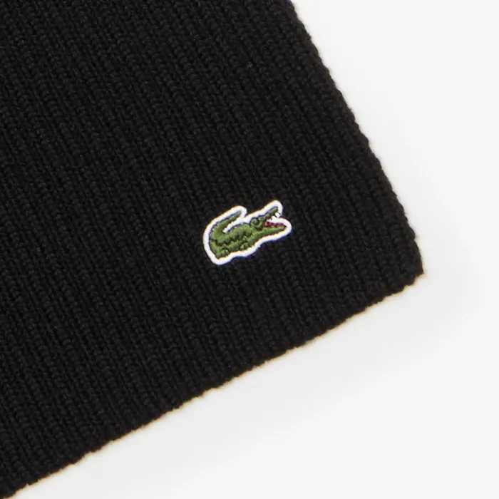 Scarves Lacoste Mens Ribbed Wool Scarf Black On Sale