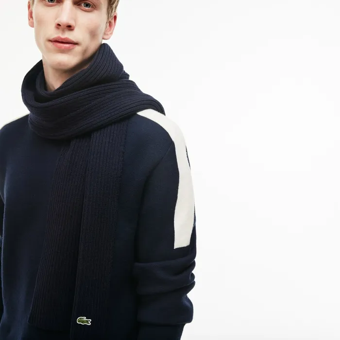 Scarves Lacoste Mens Ribbed Wool Scarf Black On Sale