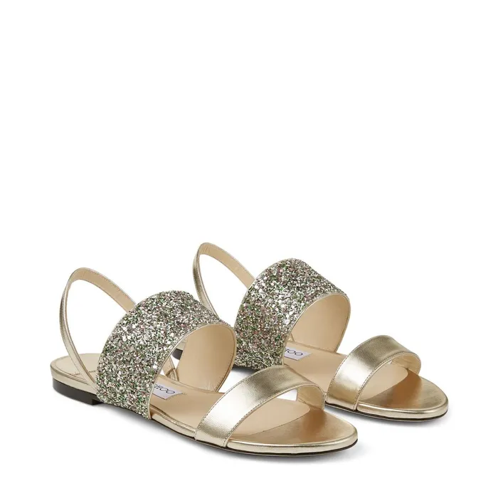 Seia Flat LightGold Metallic Nappa Leather Sandals With Peppermint Coarse Glitter Fabric Strap Light Goldpeppermint Women JIMMY CHOO Flats