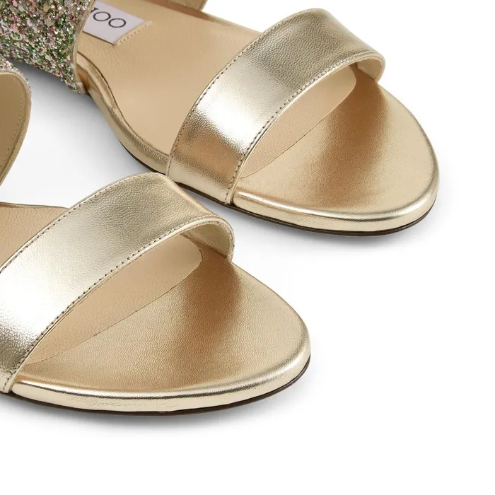 Seia Flat LightGold Metallic Nappa Leather Sandals With Peppermint Coarse Glitter Fabric Strap Light Goldpeppermint Women JIMMY CHOO Flats