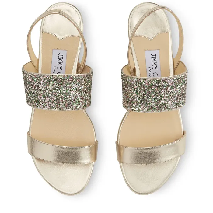 Seia Flat LightGold Metallic Nappa Leather Sandals With Peppermint Coarse Glitter Fabric Strap Light Goldpeppermint Women JIMMY CHOO Flats