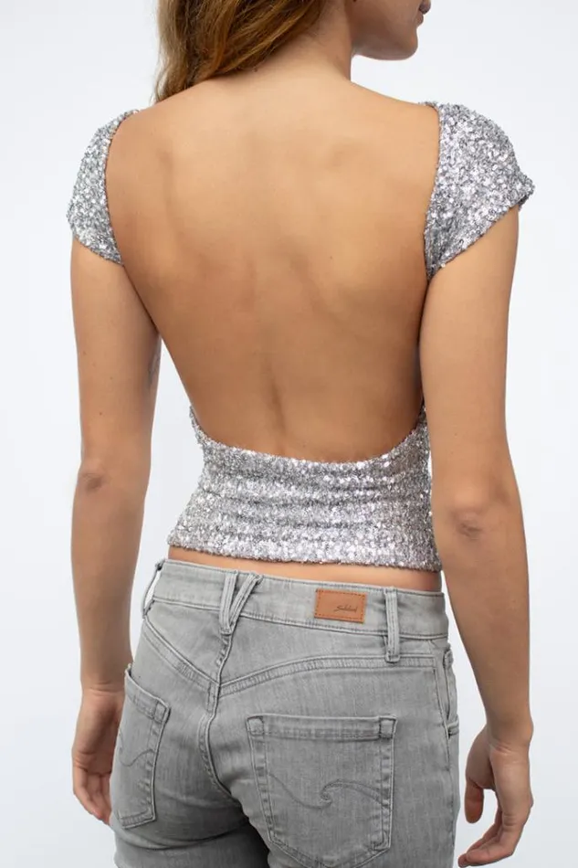 Sequin Scoop Back TShirt Women Subdued Tees